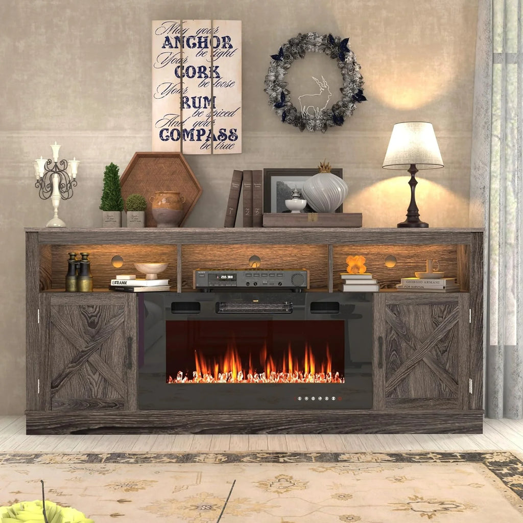 ChVans 70" Fireplace TV Stand for TVs up to 80" with 36" Electric Fireplace, Farmhouse Entertainment Center with LED, Wooden Media Console for Living Room, Bedroom
