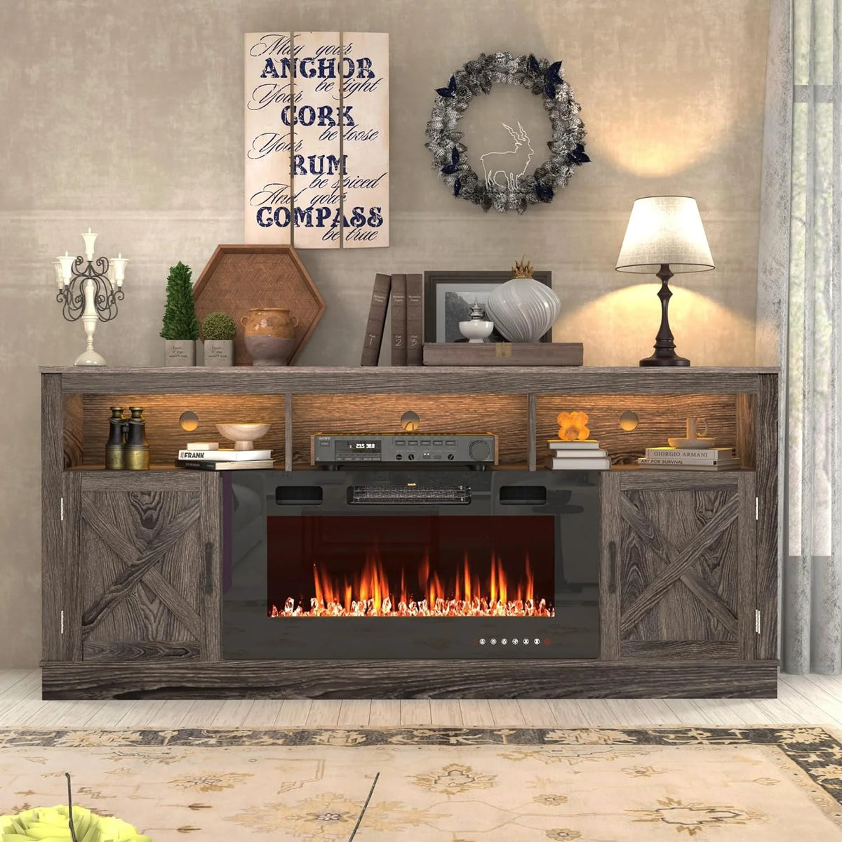 ChVans 70" Fireplace TV Stand for TVs up to 80" with 36" Electric Fireplace, Farmhouse Entertainment Center with LED, Wooden Media Console for Living Room, Bedroom