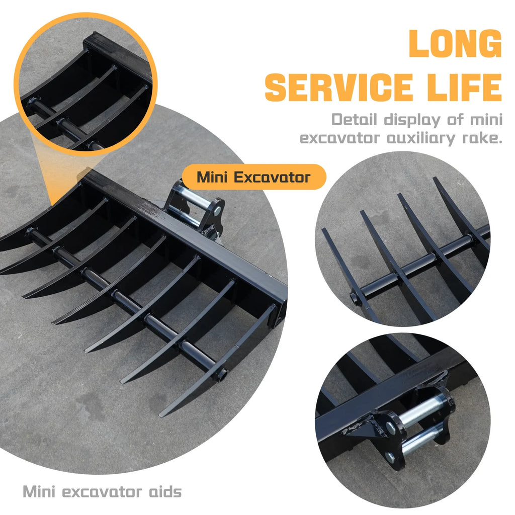 MachPro Mini Excavator Rake, 31'' Mini Excavator Attachments, 9 Tooth Wide Backhoe Digger Accessories Rake Use for Land Clearing, Debris Removing