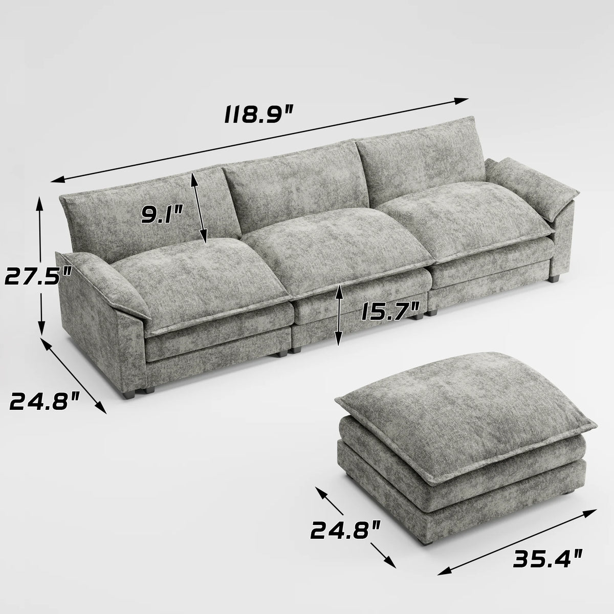 Homall Sectional Sofa 3-seat L-shaped Sofa with reversible toffee chair Movable Footrest Sofa,Gray