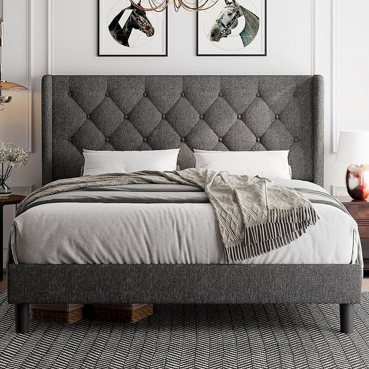 iPormis Full Size Bed Frame with Diamond Button Tufted Wingback Headboard, Upholstered Platform Bed Frame with Strong Wood Slat Support, No Box Spring Needed,Black