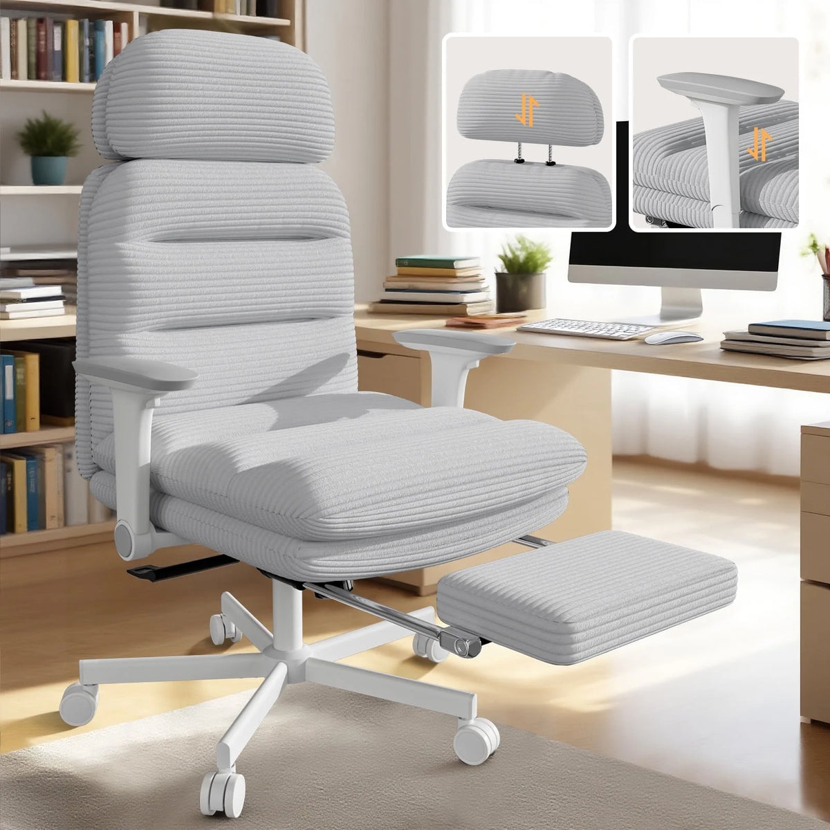 Solfway Criss Cross Chair with Wheels & Flip-up Arms, Executive Office Chair with Foot Rest, Swivel Cross Legged Office Chair, White Corduroy Fabric Comfy Computer Desk Chair, Vanity Chair for Home