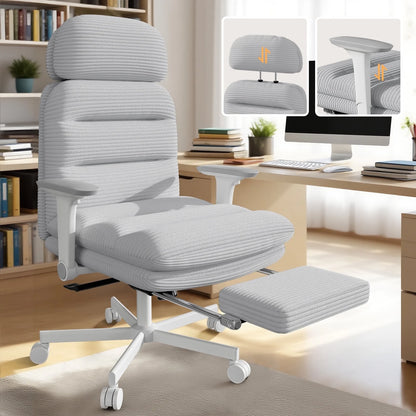 Solfway Criss Cross Chair with Wheels & Flip-up Arms, Executive Office Chair with Foot Rest, Swivel Cross Legged Office Chair, White Corduroy Fabric Comfy Computer Desk Chair, Vanity Chair for Home