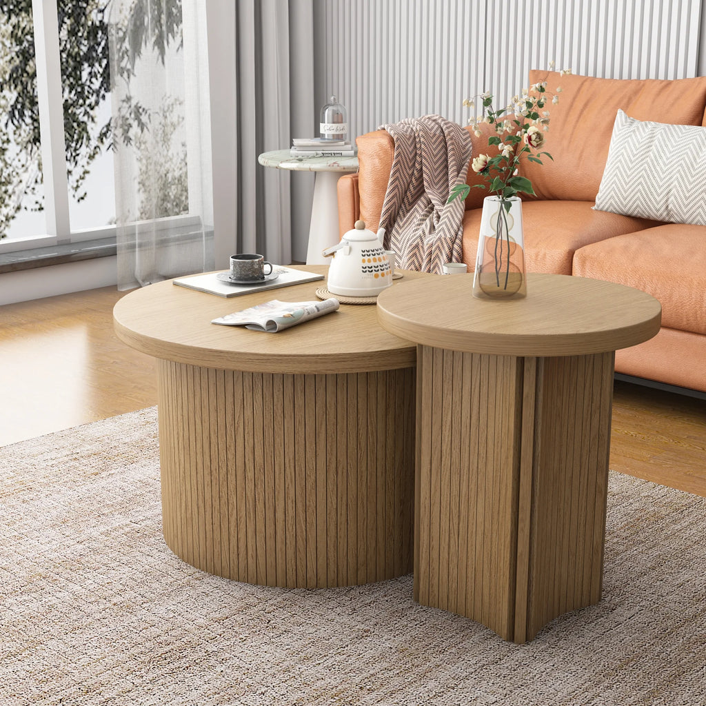 Nesting Coffee Table Set of 2, Wooden Round Coffee Table, Modern Circle Side Table, Accent End Side Table for Living Room, Office, Balcony
