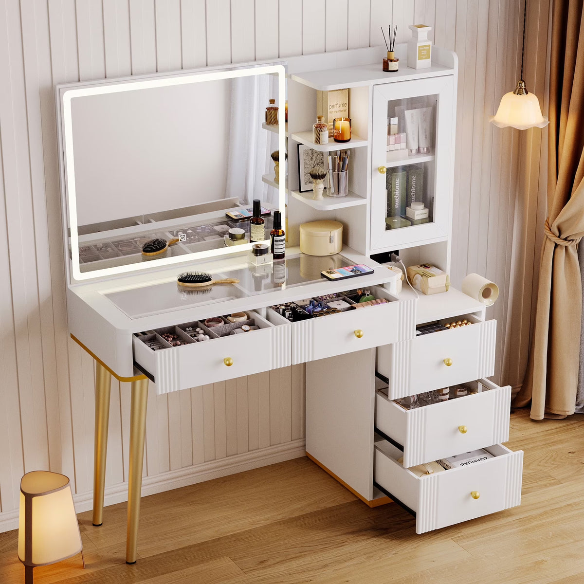 Linsy Home Large 47.2" Makeup Vanity With Mirror And 11 Lights, Glass Top Vanity Desk with 9 Drawers & 2 Adjustable Cabinets, Dressing Table with Charging Station & Hair Dryer Rack For Bedroom, White