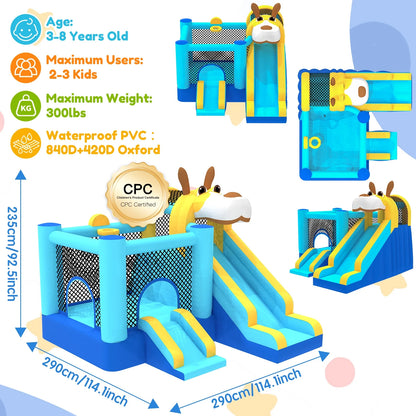 Mukidy 114''x 114'' x 92.5'' Inflatable Bounce Houses for Kids 3-10 with Blower Double Slide and Ball Pit/Indoor Bouncy House, PVC, Child, Teen, Toddler��Blue