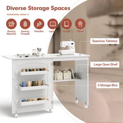 Costway Folding Sewing Table Rolling Craft Station with 3 Storage Bins & Charging Station White+natural