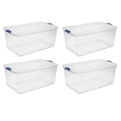 Sterilite 105 Quart Latch Box, Clear Plastic Storage Bin with Clear Lid, Blue, 4 Count