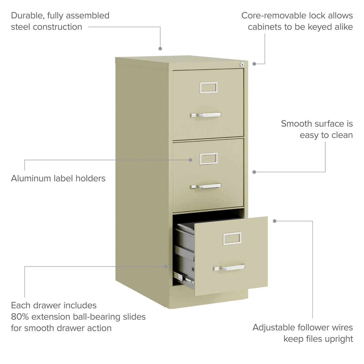 Hirsh 22" Deep 3 Drawer Letter Width Vertical File Cabinet, Commercial Grade, Gray