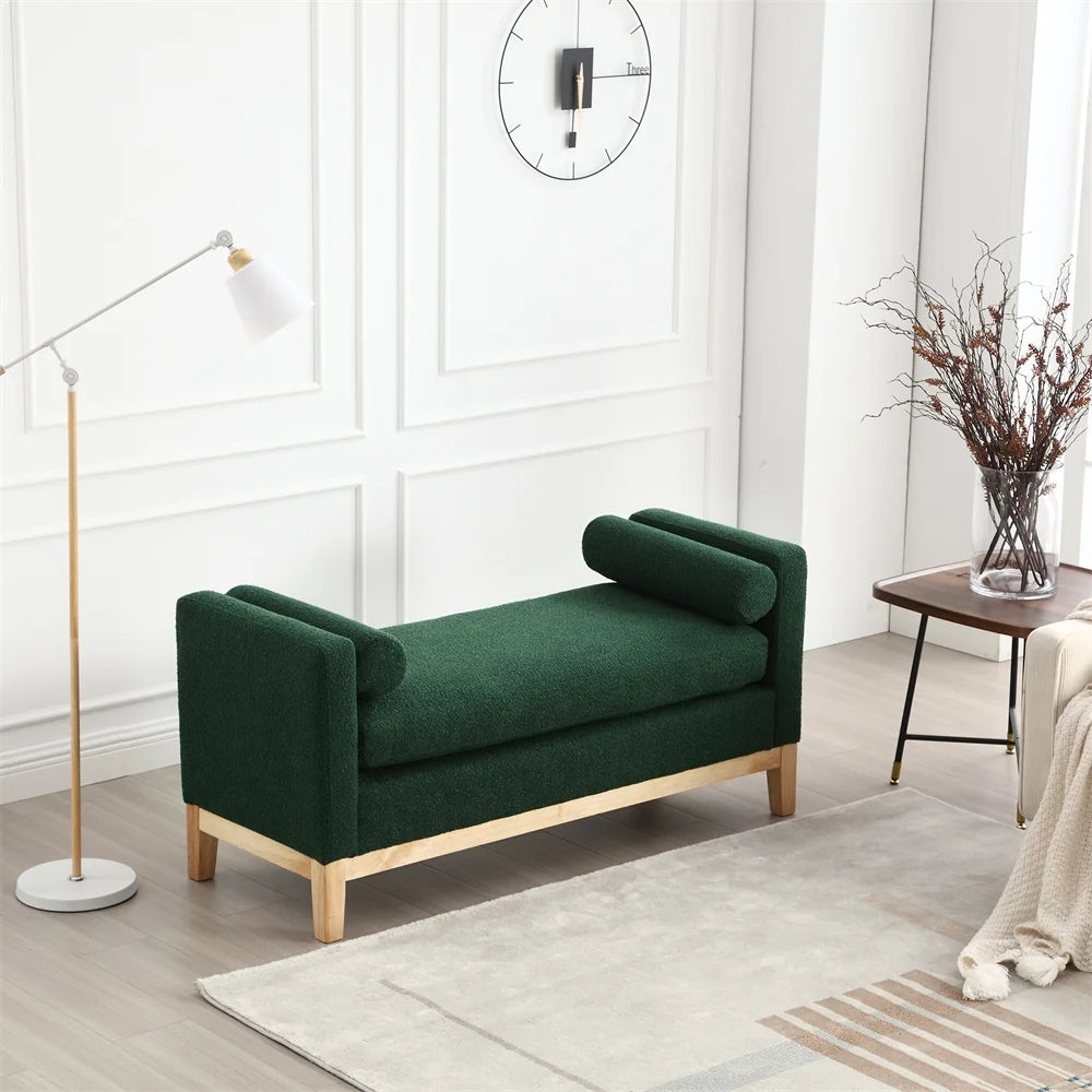 53.5"W Elegant Upholstered Bench with Wood Legs & Round Pillows,Comfy Boucle Fabric Footrest with Arms, Entryway Bench for End of Bed, Bedroom and Living Room, Ivory