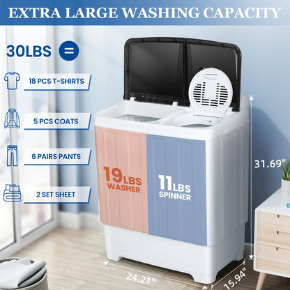 Qhomic Portable Washer 30lbs, 2-in-1 Twin Tub Washer & Dryer Combo Compact Semi-Automatic Washing Machine with Drain Pump, Black