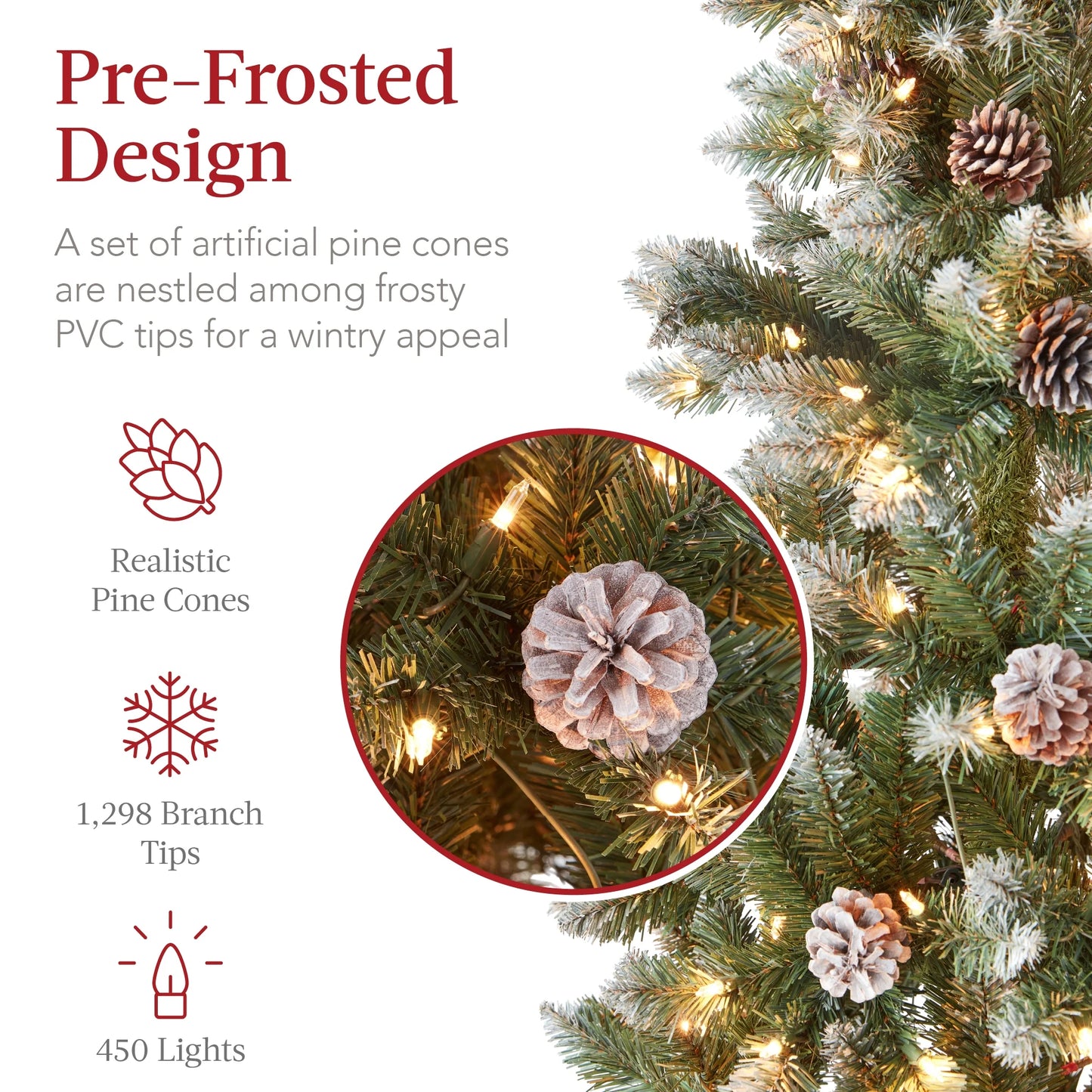 Best Choice Products 6ft Pre-Lit Partially Flocked Pencil Christmas Tree w/ 250 Lights, Pine Cones, Foldable Stand