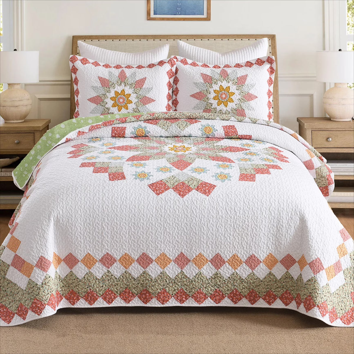 3 Pcs 100% Cotton Sunflower Pattern Patchwork Quilt Bedspread Set|Farmhouse Bedding Set for All Seasons