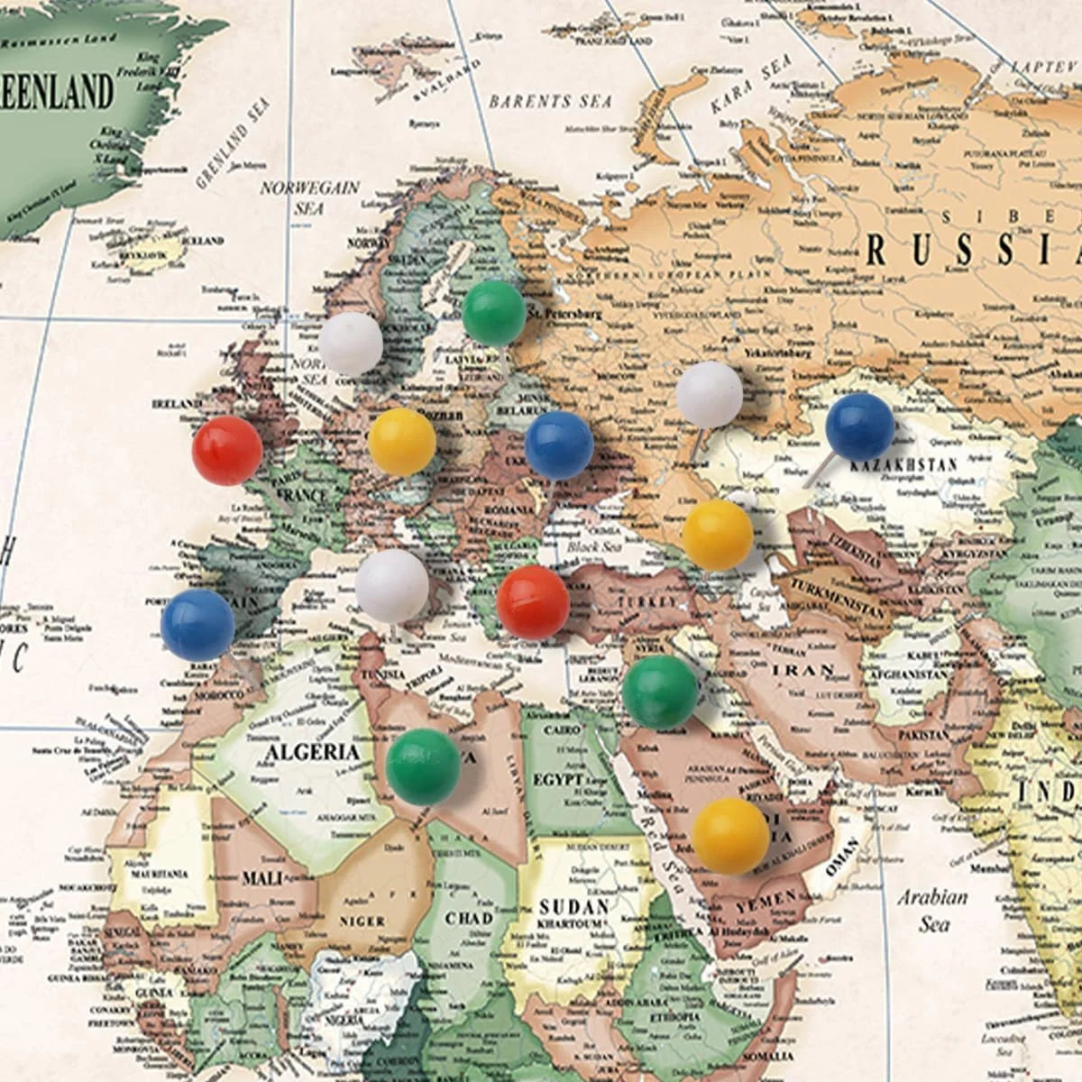 Renditions Gallery Colorful World Map Canvas Wall Art with Walnut Frame Wall Hanging Travel Map with Push Pins for Home, Office, Classroom