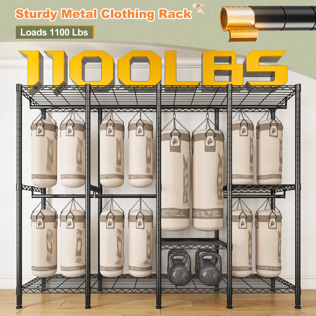 EnHomee 76"W Clothes Rack with Cover,1100LBS Heavy Duty Wardrobe Closet Organizer,Adjustable Portable Closet��Black