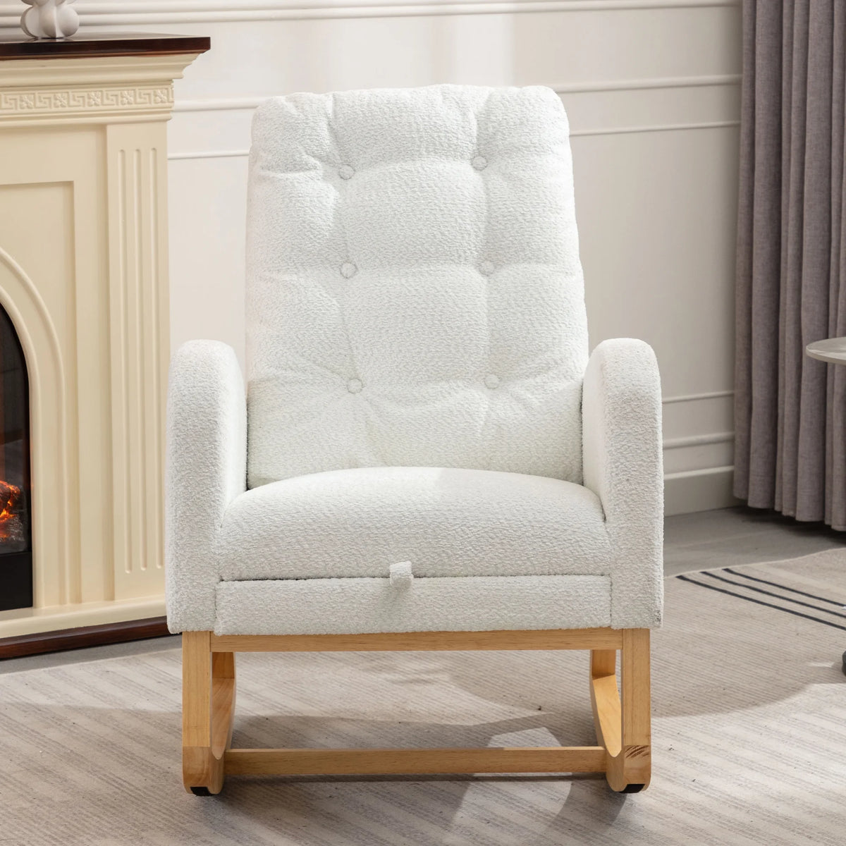 Modern Accent Rocking Chair with Pull-out Footrest,Nursery Glider Chair with Solid Wood Legs & Side Pocket,Upholstered Lounge Chair with High Backrest,White