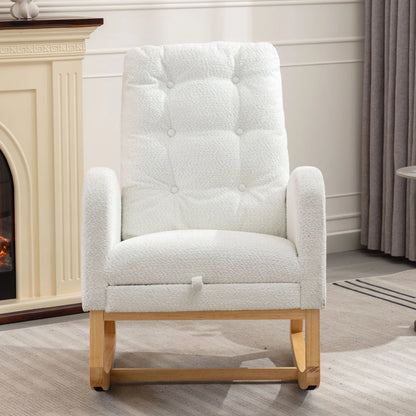 Modern Accent Rocking Chair with Pull-out Footrest,Nursery Glider Chair with Solid Wood Legs & Side Pocket,Upholstered Lounge Chair with High Backrest,White