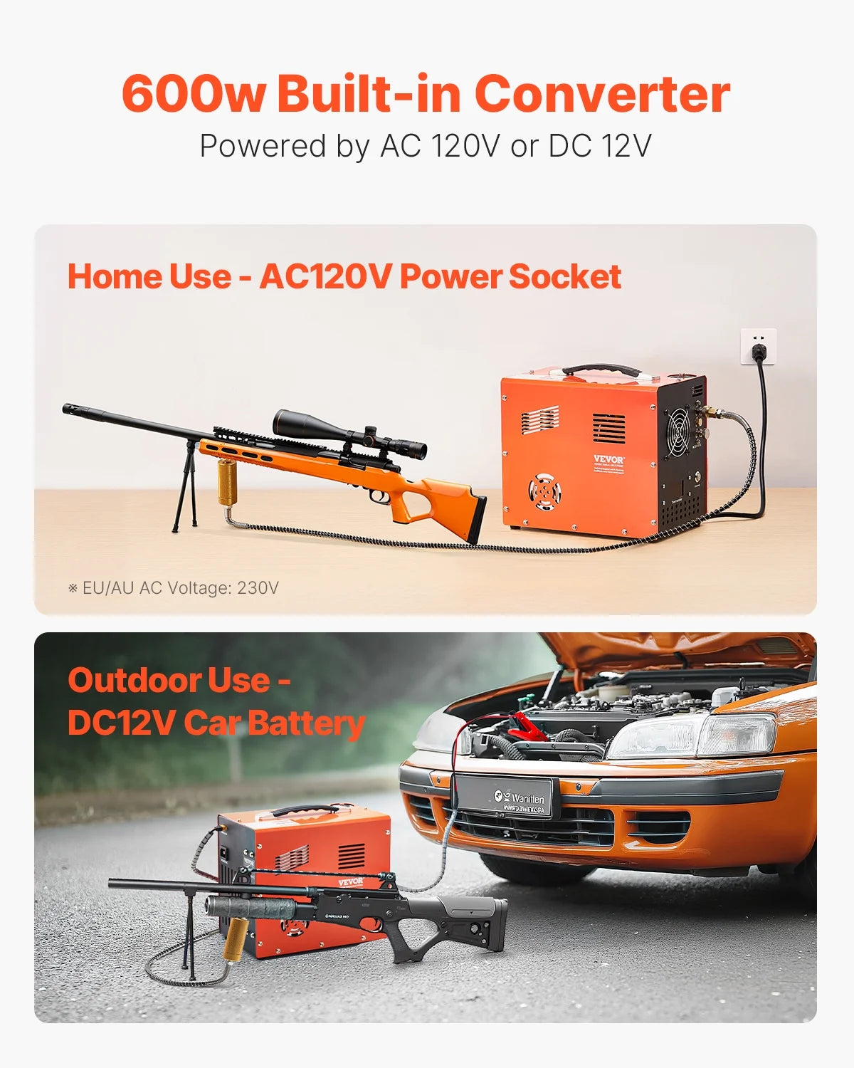 VEVOR PCP Air Compressor, 4500PSI/30Mpa PCP Airgun Compressor with Built-in Converter & Fan Cooling System, Auto Stop DC12V/AC120V Portable Paintball Tank Compressor for Air Rifle,Scuba Diving Bottle