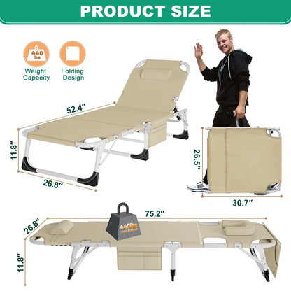 MOPHOTO Lounge Chair with Mattress, Outdoor Chaise Lounge Support 440 Lbs, Adjustable Portable Heavy Duty Sleeping Cots Bed for Camping, Pool, Beach, Patio