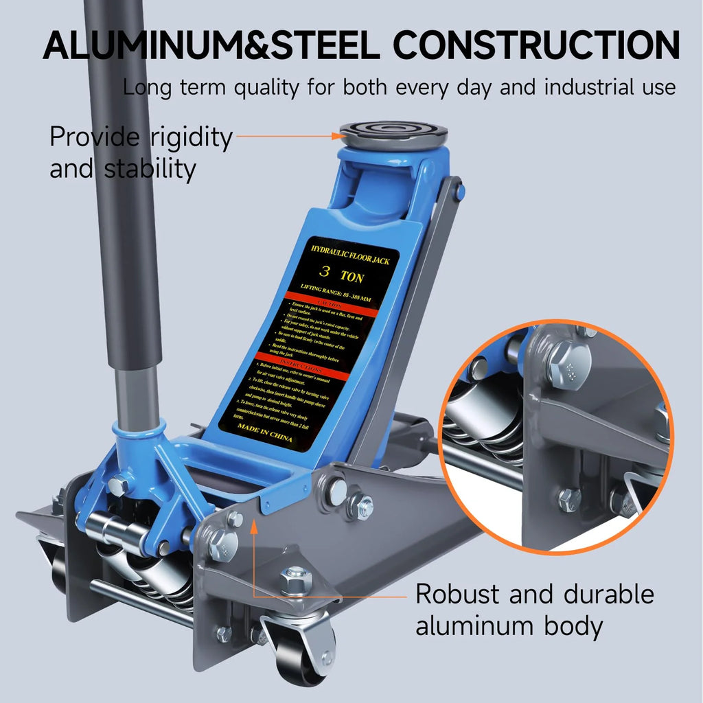 3 Ton Heavy Duty Floor Jack, Fast Lift & Stable Support, Carbon Steel Automotive Jack with Wheels, Max Lift 18.15" for Car and Truck Repair, Blue