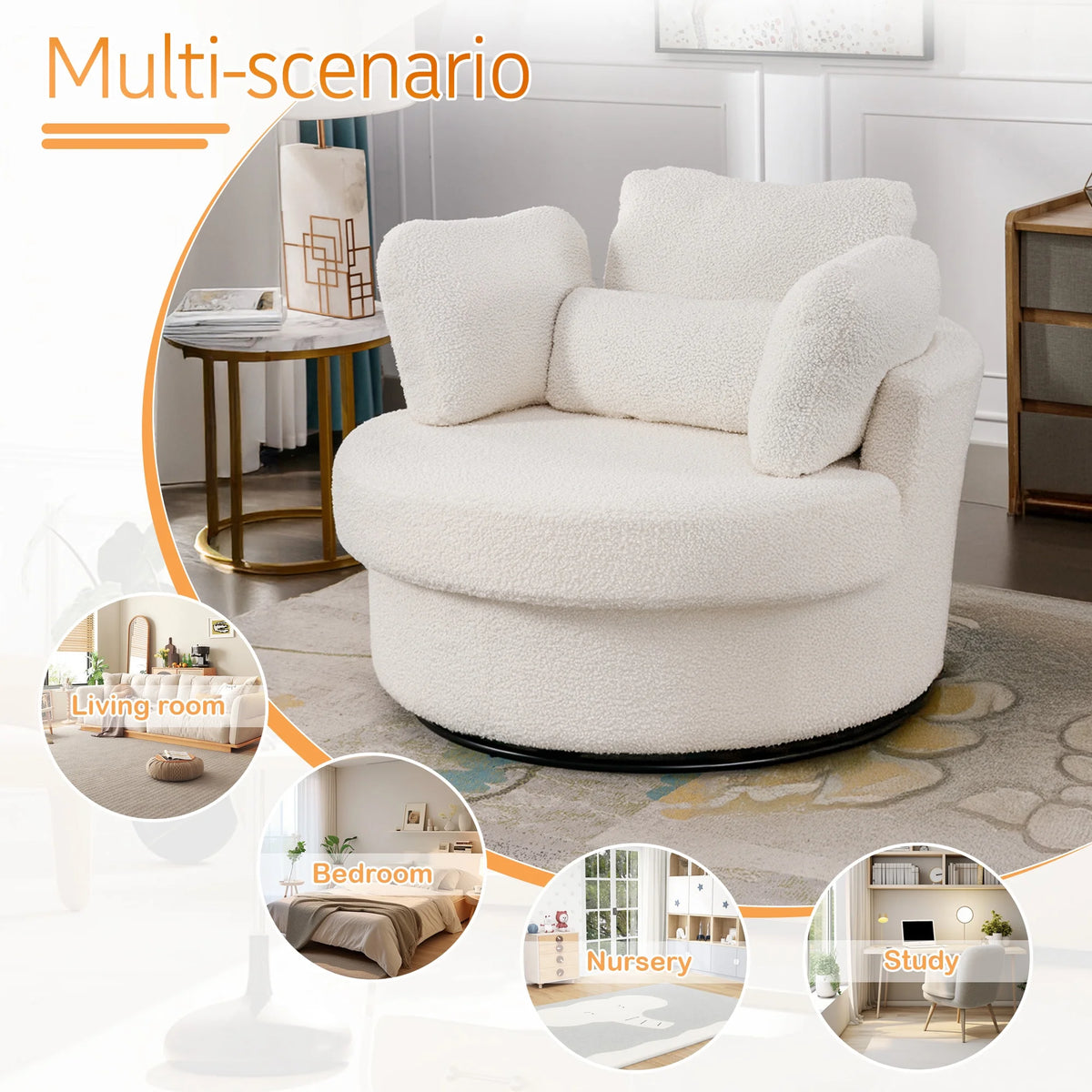 Muumblus Teddy Swivel Accent Barrel Chair, Modern Oversize Sherpa Comfy Round Reading Armchair for Living Room, Ivory