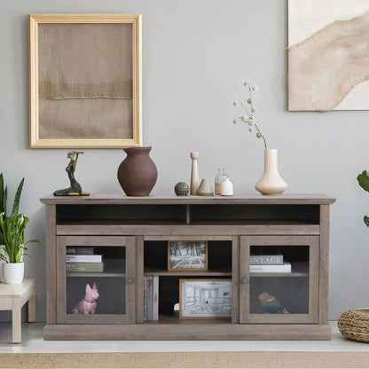TV Stand for 65 Inch TV, Entertainment Center with Two Glass Barn Doors and Storage Cabinet Table, Farmhouse Style Media Console Table for Living Room(Coffee)