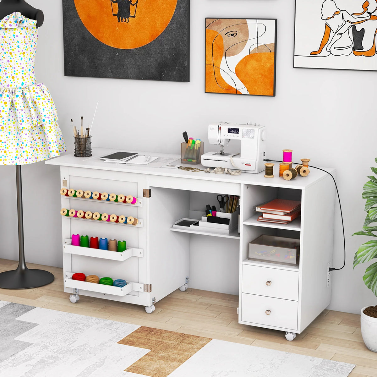 Costway Folding Sewing Table Charging Station Multifunctional Sewing Machine Cart Table