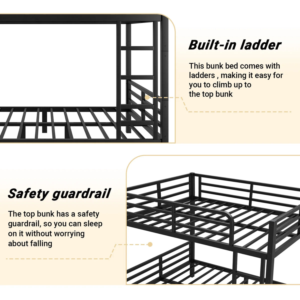 Miniyam Full over Full Metal Bunk Bed Frame with Dual Guardrails and Ladders, Heavy-Duty Quiet Design, Black