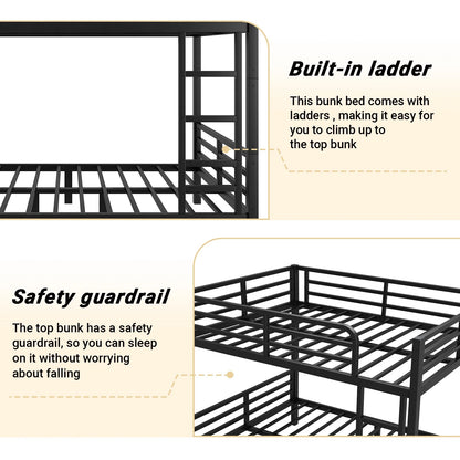 Miniyam Full over Full Metal Bunk Bed Frame with Dual Guardrails and Ladders, Heavy-Duty Quiet Design, Black