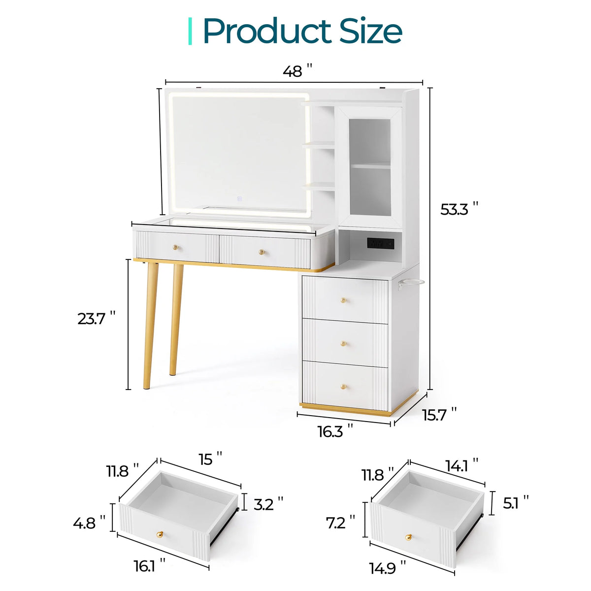 Linsy Home Large 47.2" Makeup Vanity With Mirror And 11 Lights, Glass Top Vanity Desk with 9 Drawers & 2 Adjustable Cabinets, Dressing Table with Charging Station & Hair Dryer Rack For Bedroom, White