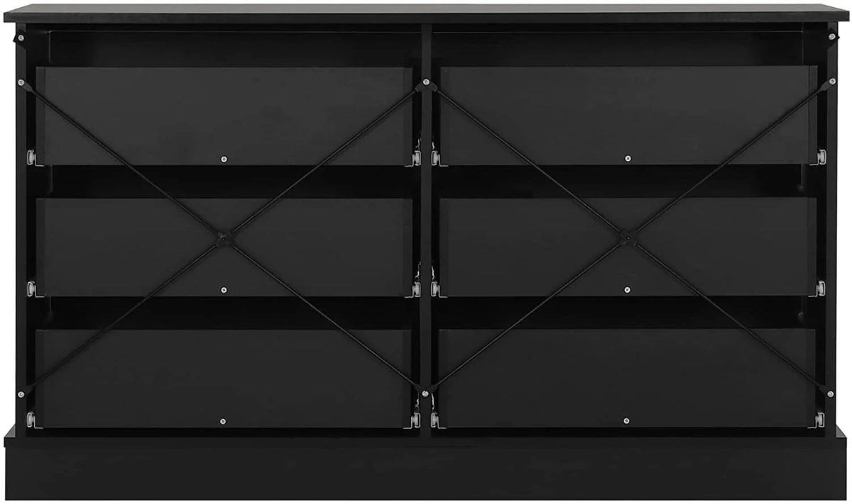 Black Double Dresser with 6 Drawers for Bedroom, Wood Large Chest of Drawers Storage Tower Clothes Organizer