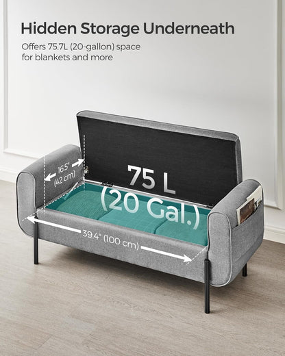 SONGMICS 46.5" Storage Ottoman Bench Storage Bench Bedroom Bench 330lb Load Capacity Solid Wood Legs Light Gray