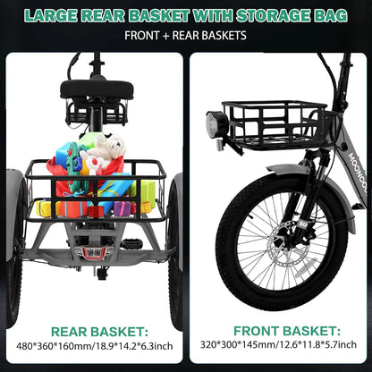 ABORON 3.0 Fat Tire Electric Trike for Senior Foldable E-Bike, 500W Motorized Tricycle Adult 20" Folding 3 Wheel Electric Commute Bike Trike w/48V Battery and Storage Baskets,
