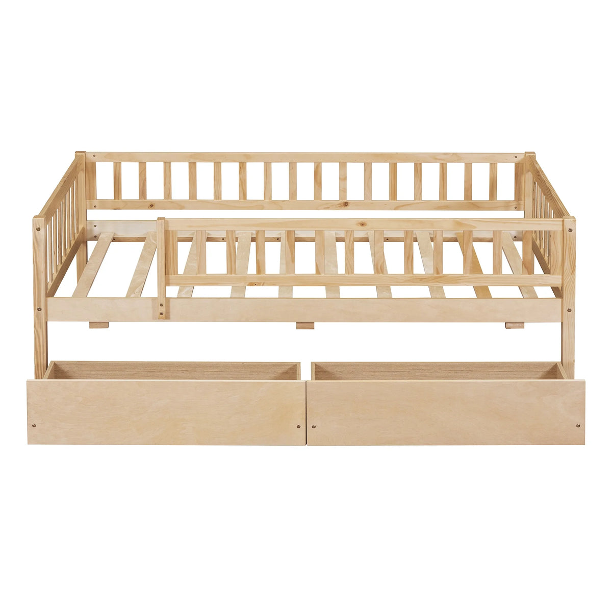 Holaki Twin Size Wood Bed with Guardrails and 2 Storage Drawers for Kids, Gray