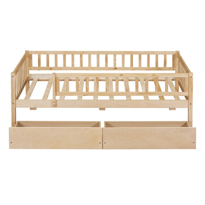 Holaki Twin Size Wood Bed with Guardrails and 2 Storage Drawers for Kids, Gray