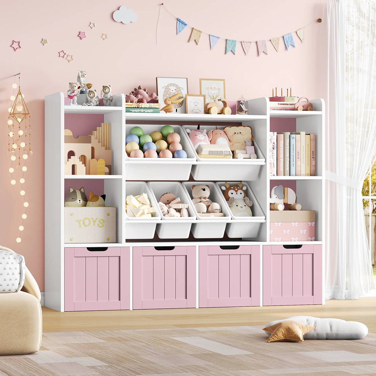 Hiphuta 3 Tier Kids Bookcase with Toy Storage Organizer, Wood Toy Organizer of 6 Boxes & 4 Removable Drawers, White