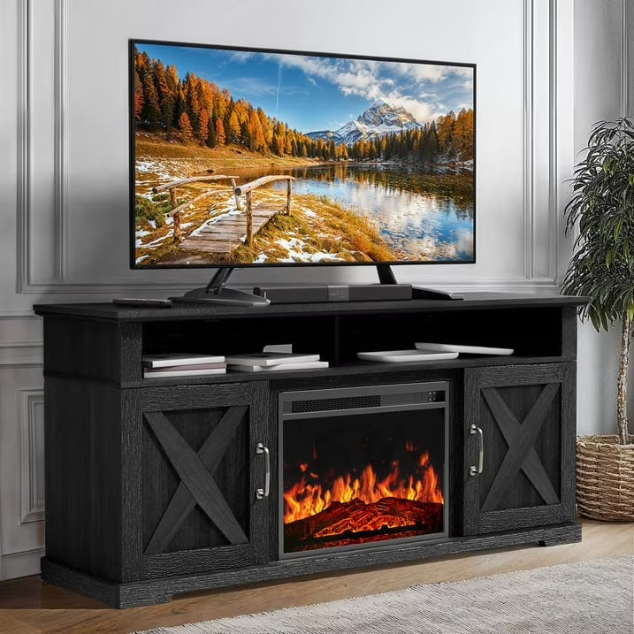 Electric Fireplace TV Stand for TVs up to 75", Farmhouse Entertainment Center with Fireplace, Grey