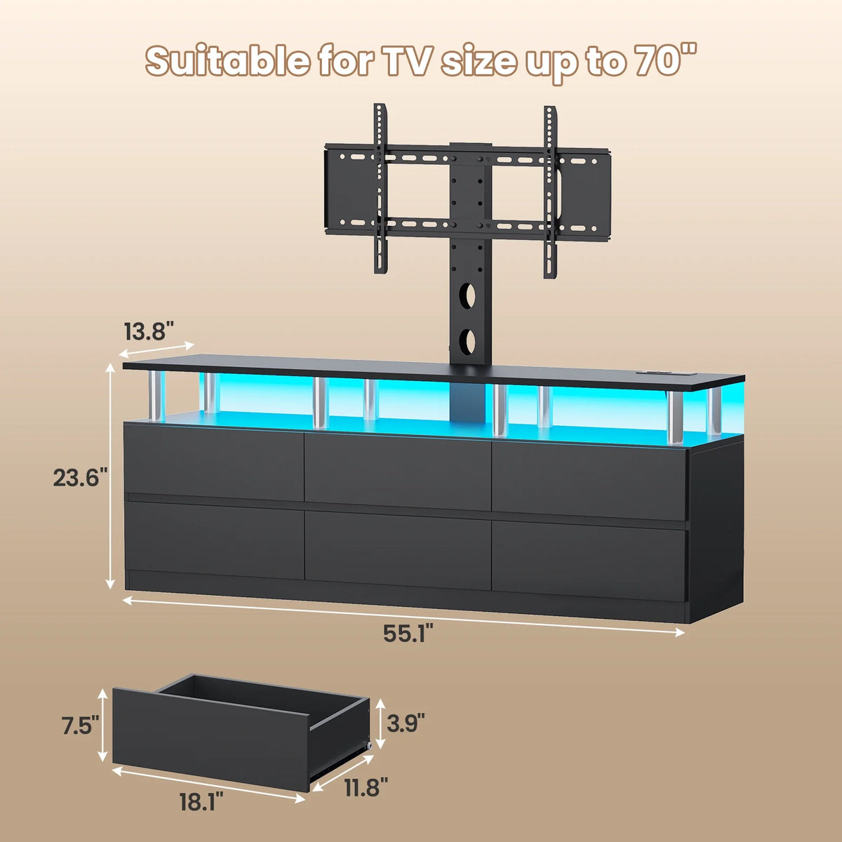 Afuhokles TV Stand with Mount and Power Outlet, TV Mount for up to 75 inch TVs, Modern LED TV Stand with 6 Drawers, Black