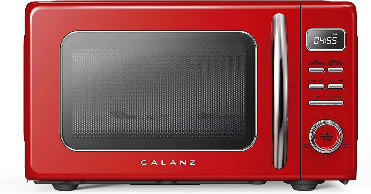 Galanz GLCMKZ09RDR09 Retro Countertop Microwave Oven with Auto Cook & Reheat, Defrost, Quick Start Functions, Easy Clean with Glass Turntable, Pull Handle, 0.9 cu ft, Red