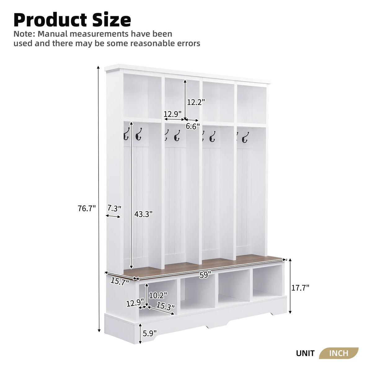 Euroco Farmhouse 59"W Wide Hall Tree with 8 Hooks, Practical Entryway Bench with Open Compartments, 76.7"H Modern 3-in-1 Wooden Style Coat and Shoe Rack for Mudroom, Living Room, Green