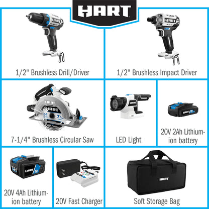 HART 20 Volts 4-Tool Brushless Combo Kit, (1) 2.0Ah and (1) 4.0Ah Lithium-Ion Battery