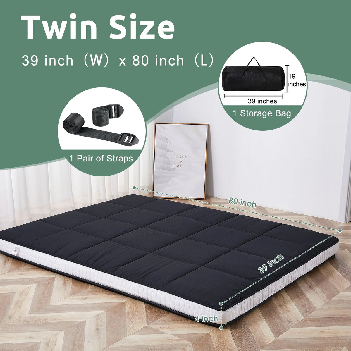 Slsy Futon Mattress 4" Soft and Supportive Twin Mattress Pad with Storage Bag