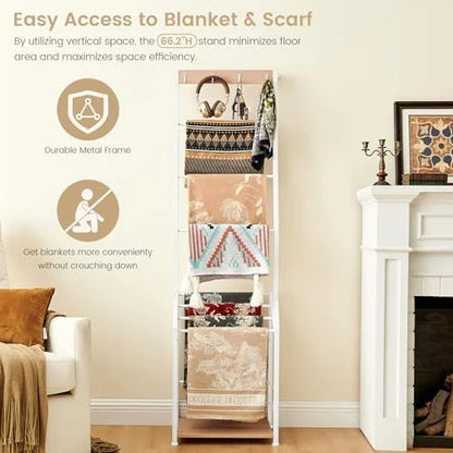 Blanket Ladder, 7 Tier Blanket Ladders for The Living Room,Wooden Ladder Shelf with Hooks, 5.5ft Blanket Holder Rack Farmhouse Ladder Rack for Storage and Home Decor, Rustic Brown and Black