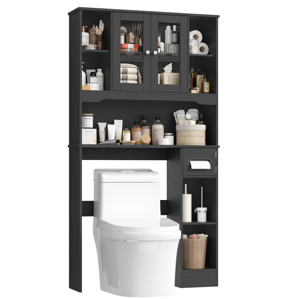 Homfa Over The Toilet Storage Cabinet with Toilet Paper Holder Stand, Above Toilet Organizer with Glass Doors, Behind Toilet Shelf for Restroom, Bathroom, Laundry, White