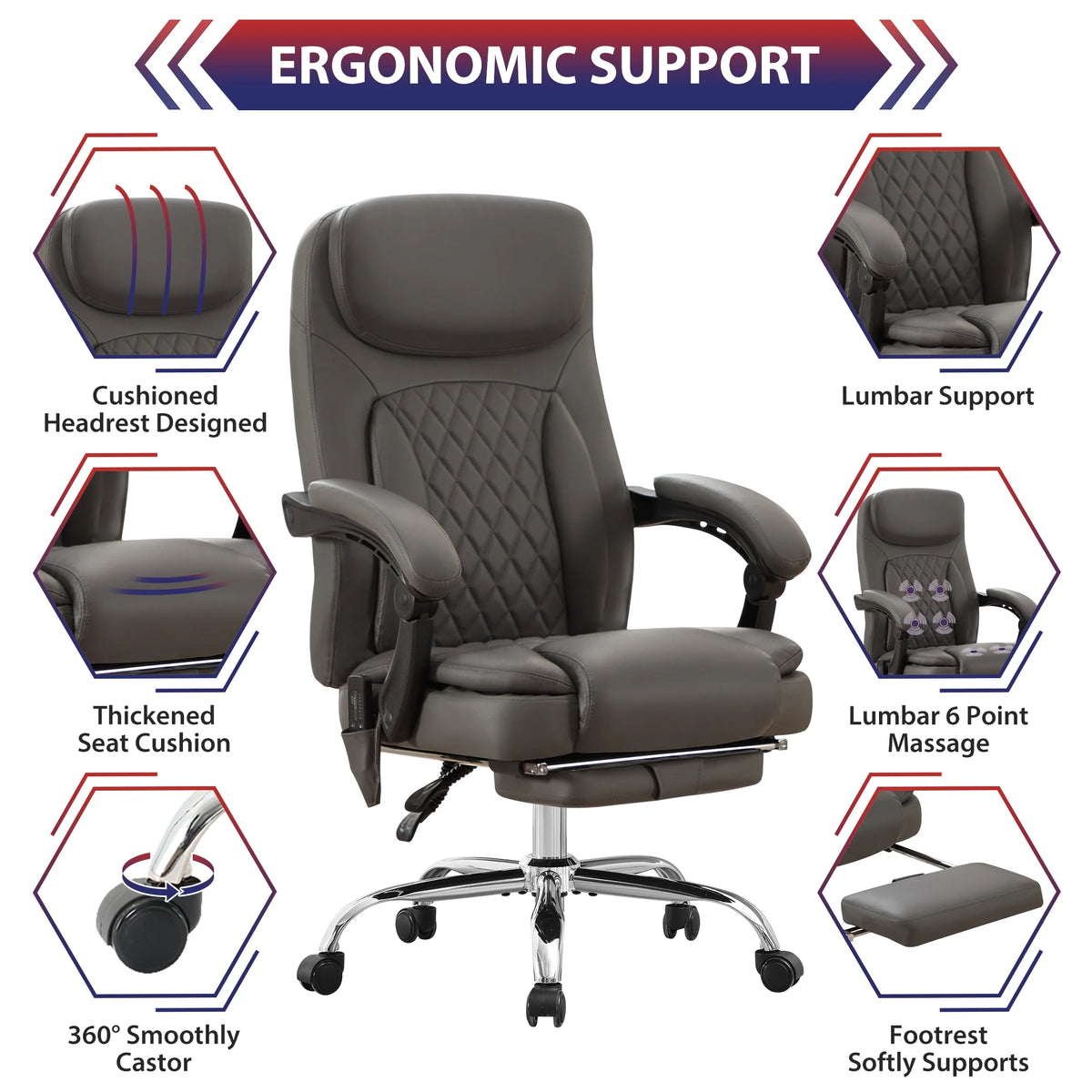 JONPONY Big and Tall Office Chair 500LBS Executive Office Chair Massage and Footrest Ergonomic Computer Desk Chair Reclining High Back Leather Office Chair Lumbar Back Support Swivel Rolling,Black