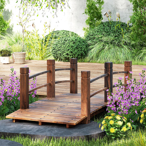 Outsunny 5 ft Wooden Garden Bridge Arc Stained Finish Footbridge with Railings for your Backyard, Stained Wood