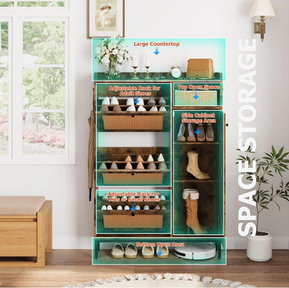 Garvee Rattan Shoe Storage Cabinet with Doors and 3 Flip Drawers, Freestanding Organizer with Adjustable Shelves for Entryway, Narrow Shoe Rack Cabinet for Hallway, Easy Assembly, Oak Color
