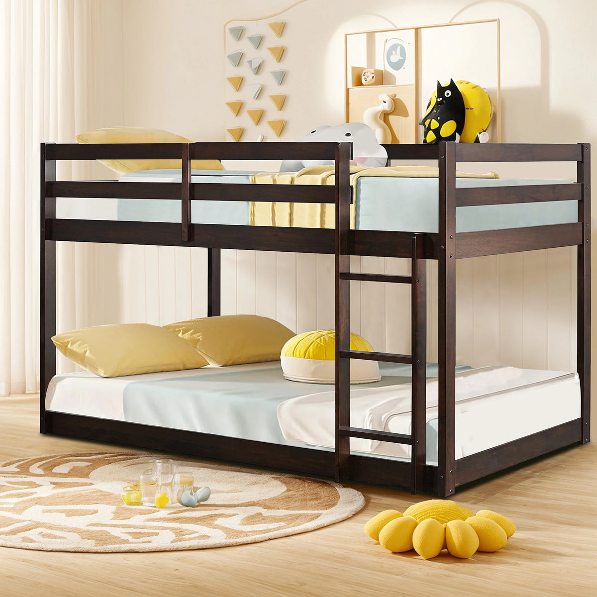 Twin Over Twin Floor Bunk Bed, UHOMEPRO Solid Wood Low Bunk Bed with Safety Rail, Ladder, Heavy Duty Bunk Beds, Space-Saving Bedroom Dorm Furniture, Gray