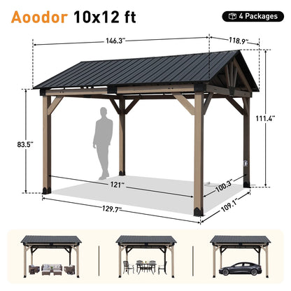 Aoodor 10 x 12 ft Wooden Frame Gazebo with 2-Tier Galvanized Metal Hardtop Roof, Outdoor Patio Gazebo with Charging Socket for Patio, Backyard, Deck, and Lawn