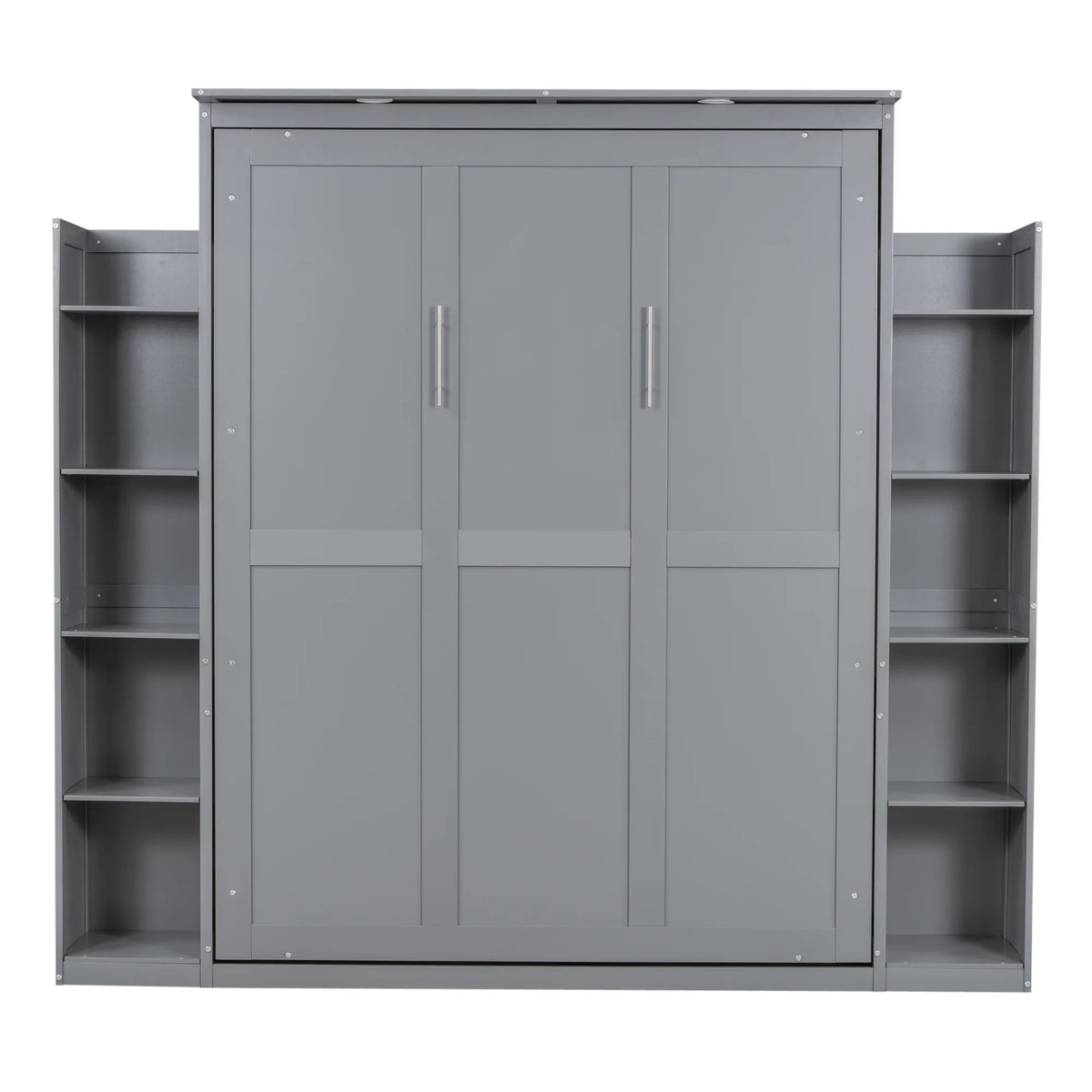 Aukfa Queen Size Murphy Bed with 5-Tier Storage Shelf & LED Lights, Foldable Wall Bed Cabinet with Mattress Support, Space-Saving Design for Guest Room/Home Office, Gray